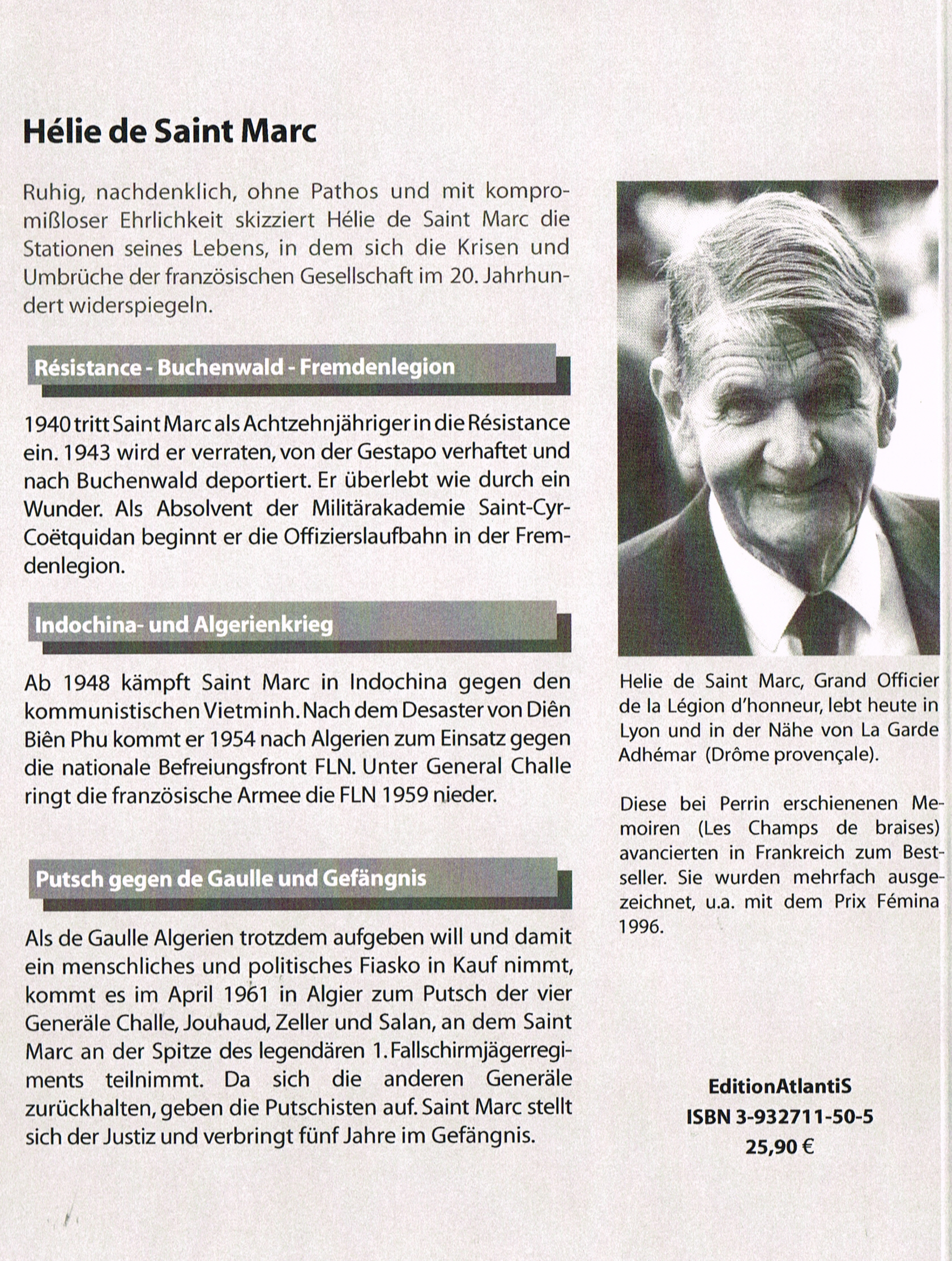 Back cover of Asche und Glut. Erinnerungen. Résistance und KZ Buchenwald – Fallschirmjäger der Fremdenlegion – Indochina- und Algerienkrieg – Putsch gegen de Gaulle