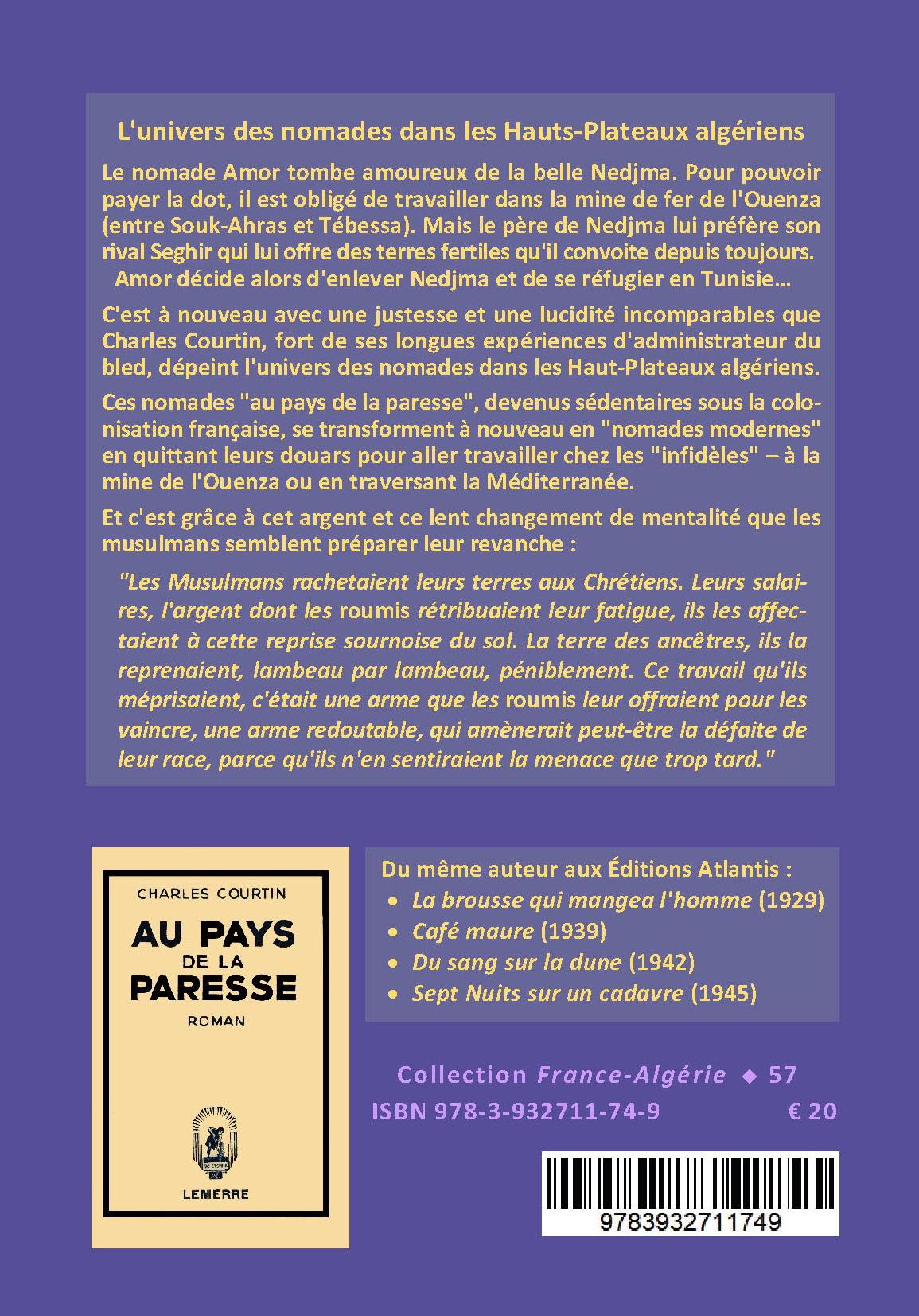 Back cover of Au pays de la paresse. Algérie 1930. Roman colonial