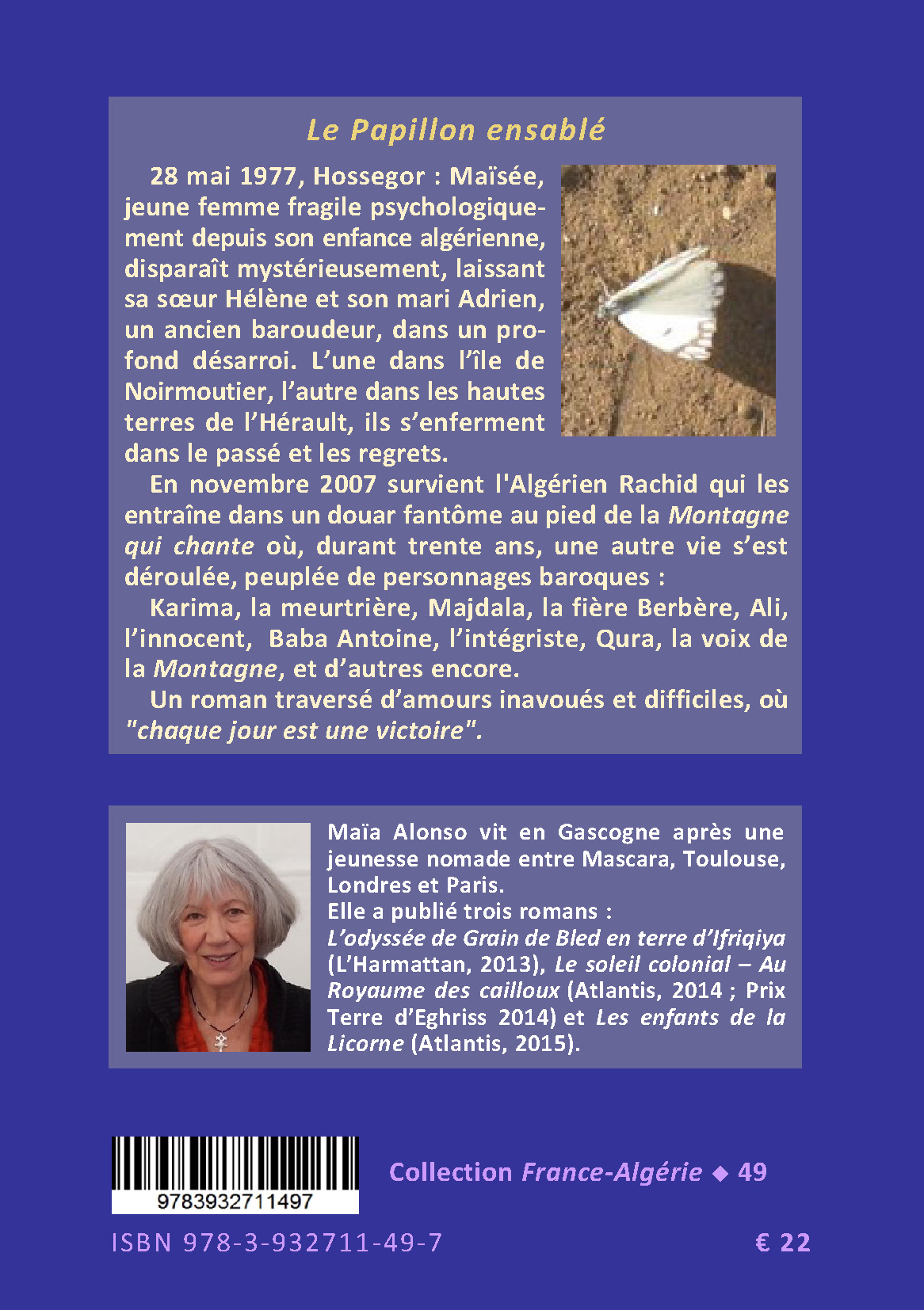 Back cover of Le papillon ensablé. Roman