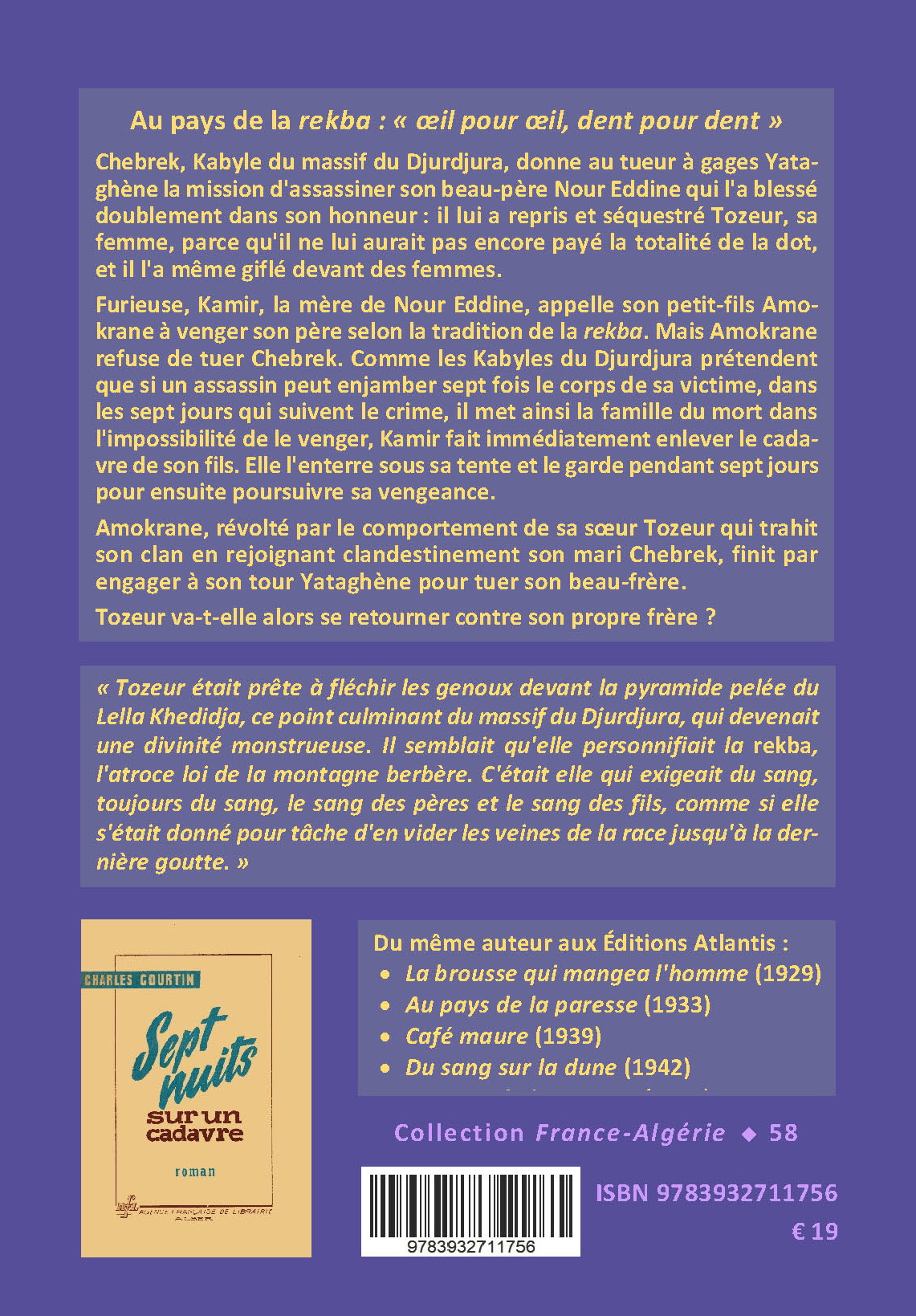 Back cover of Sept Nuits sur un cadavre. Algérie 1930. Roman colonial