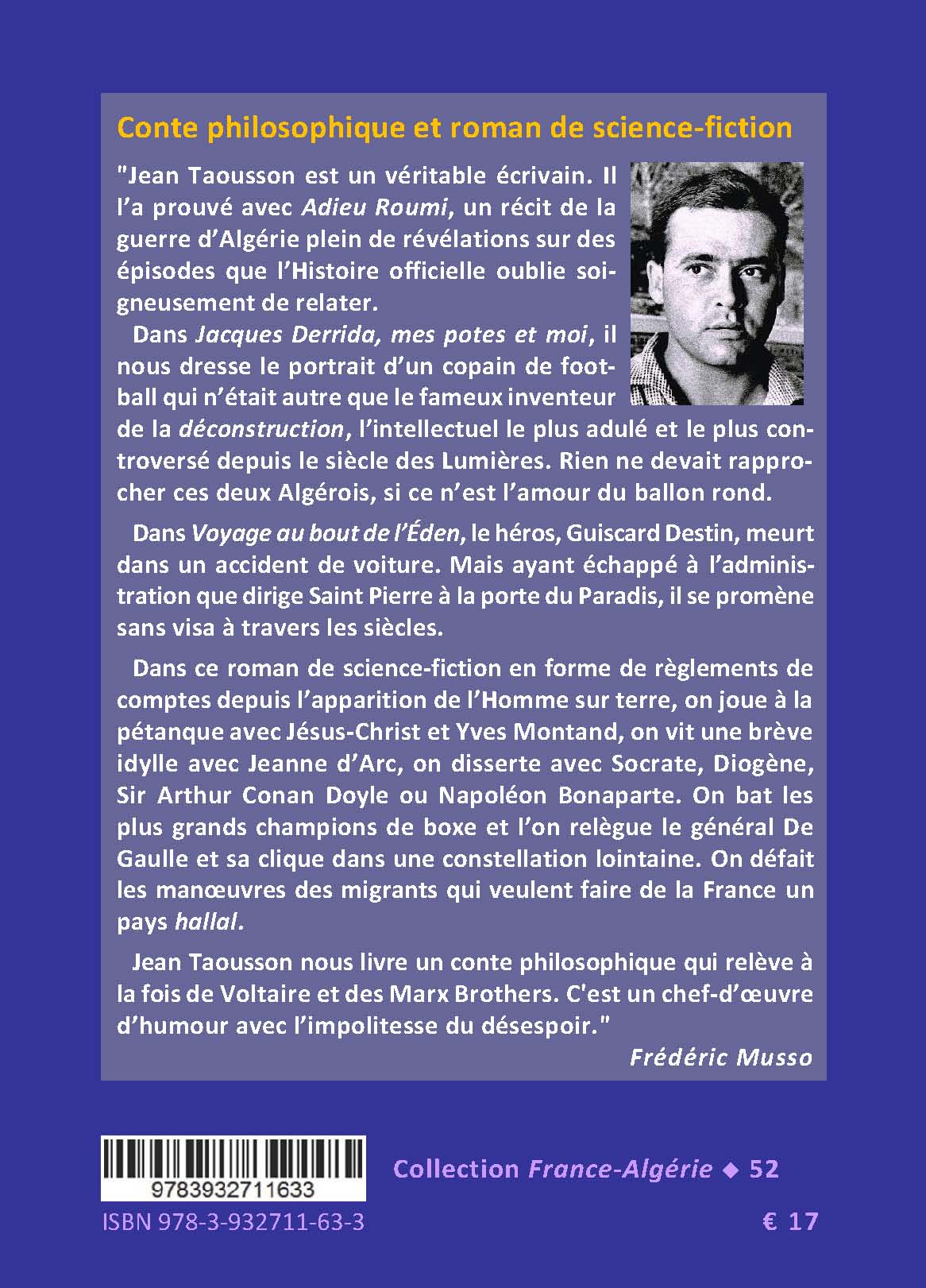 Back cover of Voyage au bout de l'Éden. Conte philosophique. Préface de Norbert Multeau